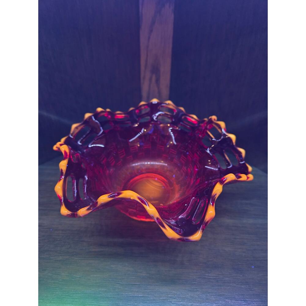 Vintage Fenton Amberina Glass Basketweave Open Lace Bowl